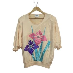90s Vintage Appliquéd Top, Rafael, peach, purple, pink, satin flowers, 1X